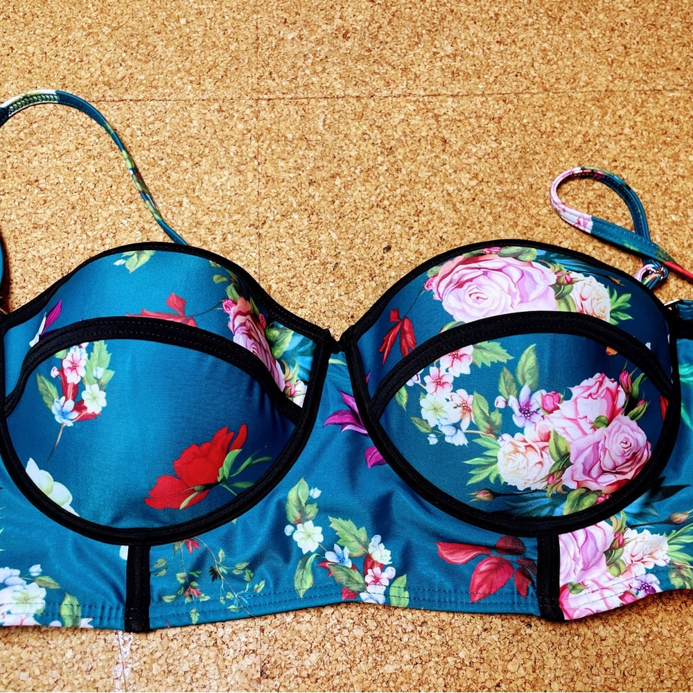 Modcloth Blue Swim Bra with Floral Design
